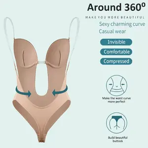 [New Arrivals]U Plunge Backless Shapewear Bodysuit for Women With Built-In Bra Cup Invisible Shaping Corset Bodysuit Underwear for Wedding Party Upgraded, 5 Colors Choose Minimalist Brown Nylon Vneck Lingerie Womenswear Basic Black,Panties Enhancer