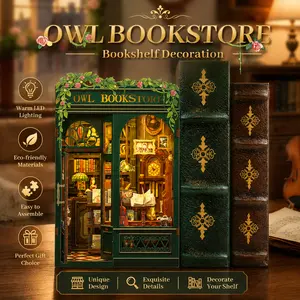 CUTEBEE Magical Owl Bookstore Book Nook Kit - 3D Wooden Puzzle Bookshelf Insert with LED Glow | Cozy Room Decor & Satisfying DIY Craft