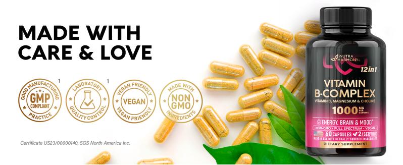 Vitamin B Complex Capsules for Men & Women - 11-in-1 B-Complex: B1, B2, B3, B5, B6, B7, B8, B9, B12 with Vitamin C, Choline, Inositol - Made in USA - Vegan, Non-GMO