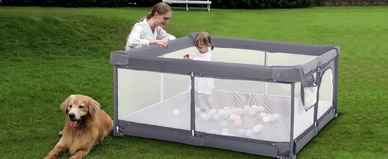 Foldable Baby Playpen, Extra Large Collapsible Play Yard for Babies & Toddlers, Portable Travel Playpen with Gate, Safe Indoor & Outdoor Activity Center (51"×51" Gray)