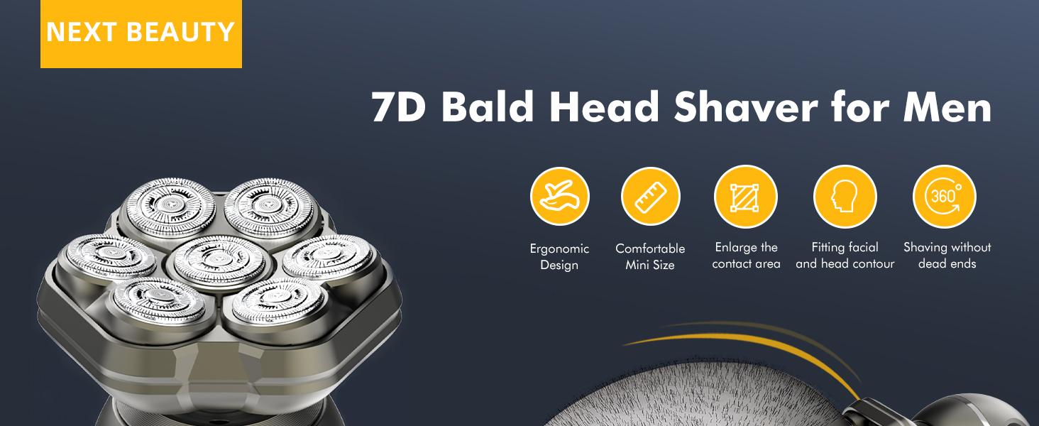 7D Bald Head Shaver for Men, IPX7 Waterproof Electric Razor for Wet Dry Use,  6 in 1 Magnetic Head Shaver for Men with Type-C Charger
