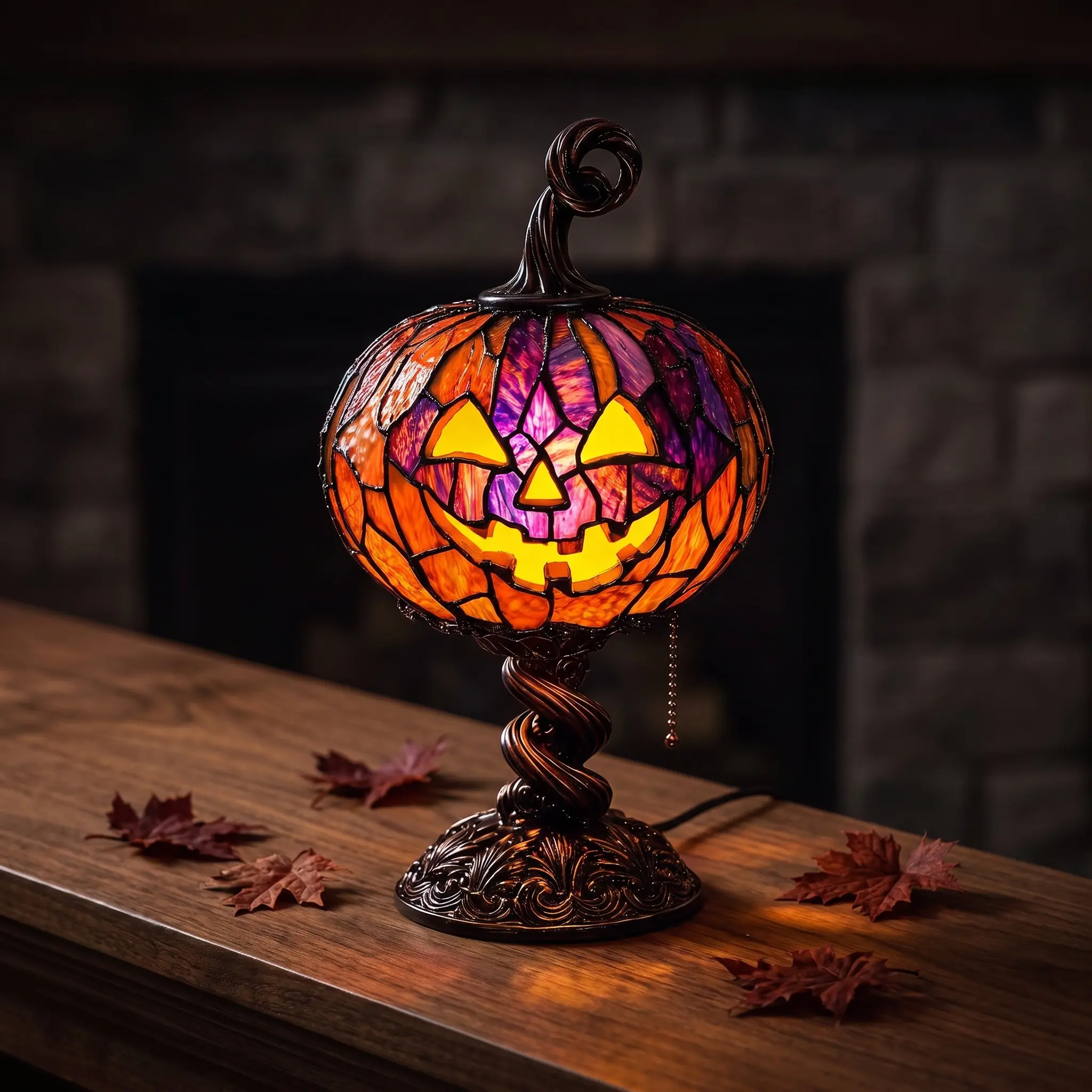 【Summerween】Halloween Stained Glass Pumpkin Table Lamp, Jack O Lantern Decorative Light, Vintage Pumpkin Face Desk Lamp for Halloween Party Indoor Home Decor