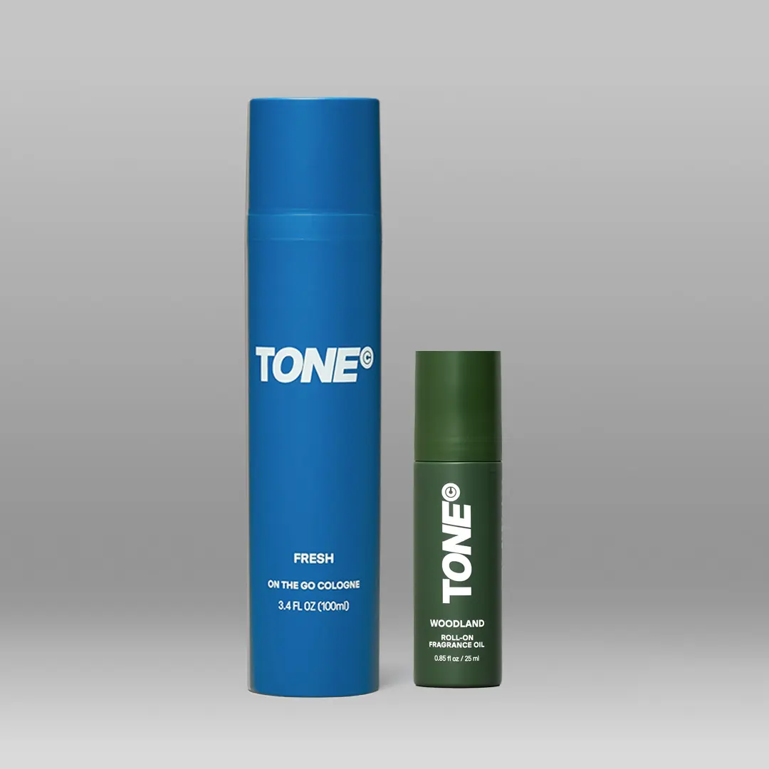 tone Men's Layering Duo, Long Lasting Cologne Fragrance with 100ml Fresh Body Mist & Woodland Coconut Blend Roll-On Perfume Oil, Concentrated, Convenient, Daily Grooming