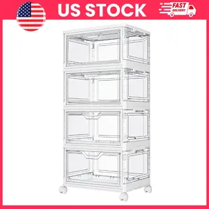Clear Storage Bins with Lids 4 Tier Stackable Storage Bins with Wheels | Collapsible Plastic Storage Containers with Magnetic Door | 92QT Closet Organizer Box for Clothes, Toys | Folding Storage Organizer for Bedroom, Living Room & Home Organization