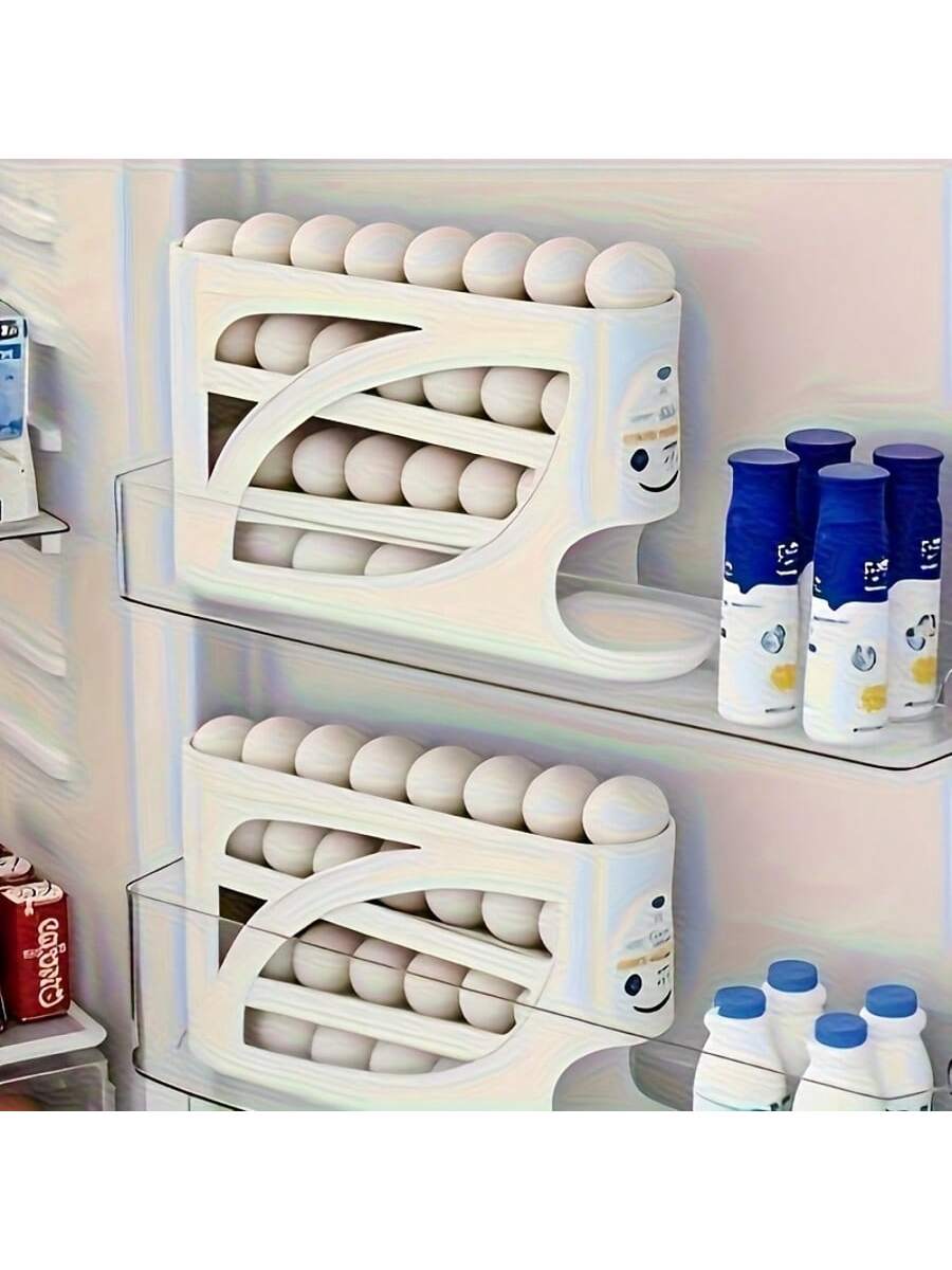 4-layer Rolling Egg Rack with Side Door Design for 30 Eggs Smooth Shiny Surface Convenient Handle Modern Kitchen Accessories Durable Plastic Material