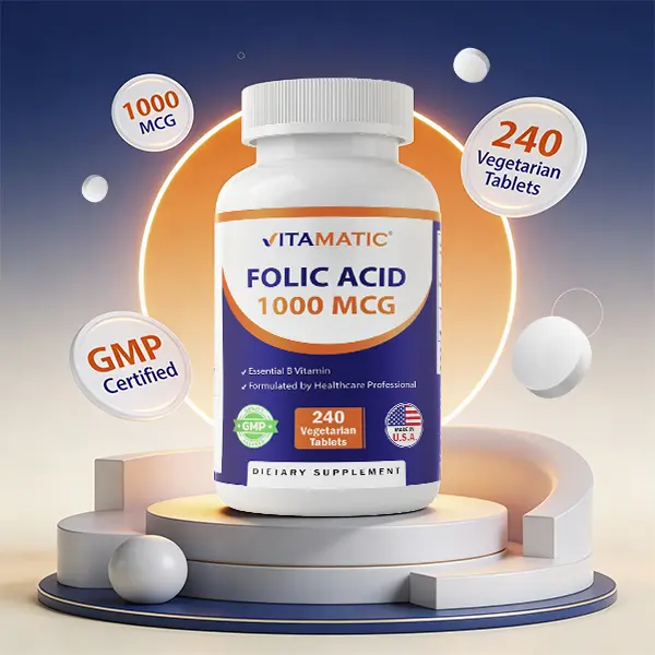 Vitamatic Folic Acid 1000 mcg (1 mg) GMP Certified Dietary Vitamins - 240 Unflavored Vegetarian Tablets, 1667 mcg DFE Vitamin B9, 24 Months Shelf Life, Single Item, Supports Pregnancy & Adult Brain Health, Supports Brain