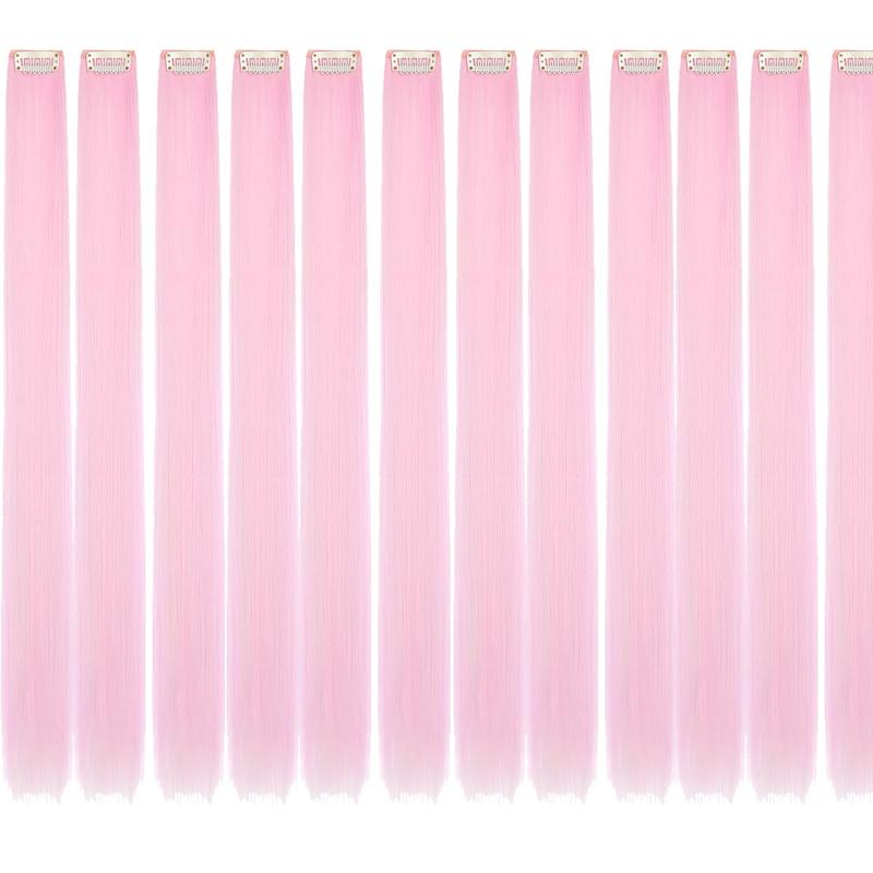 24" Pink Clip-in Hair Extensions - Synthetic Straight Colorful Hairpiece for Party, Cosplay & Kids Gift (12PCS Pack)