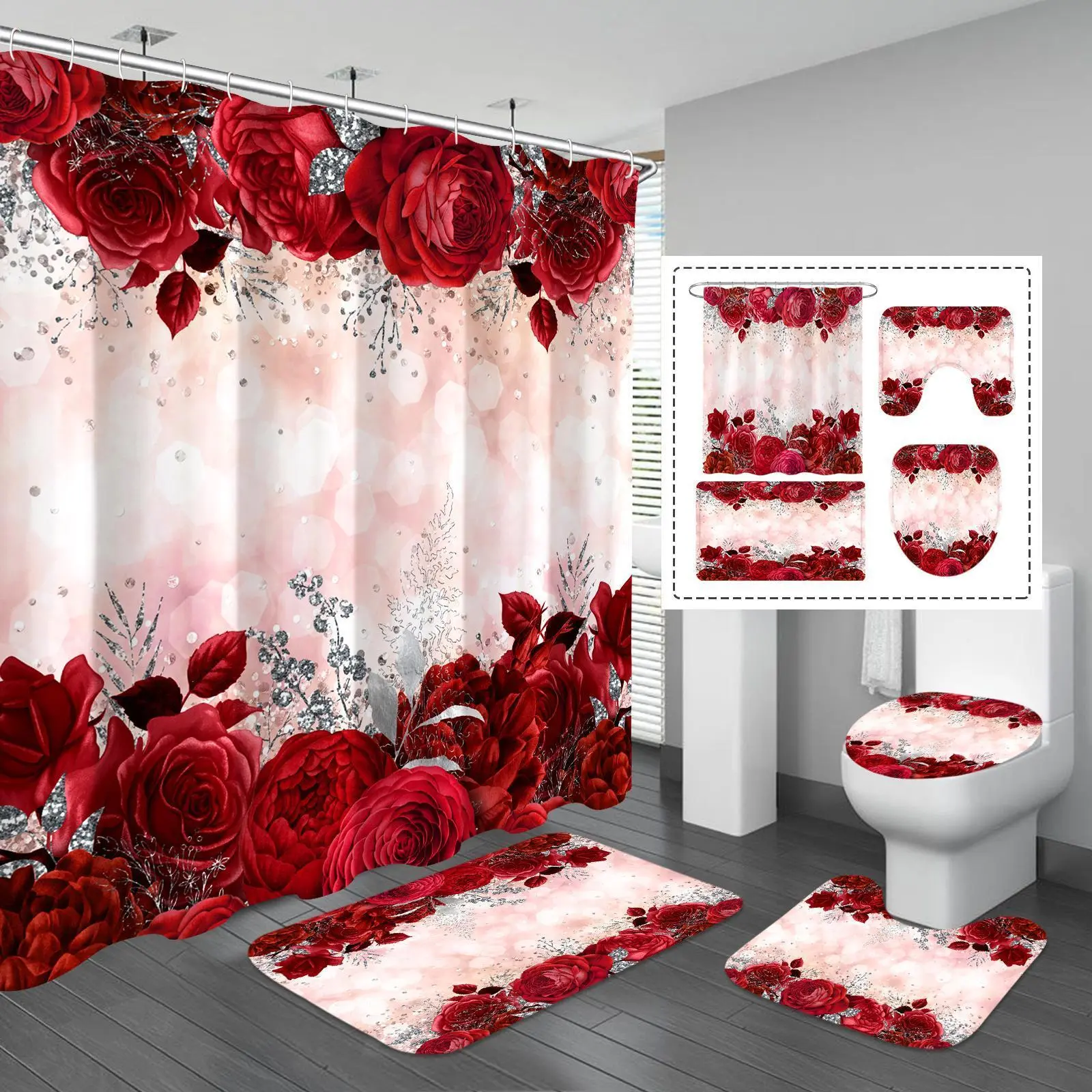 4pcs Set Red Rose Bathroom Set Shower Curtain Bath Mat Toilet Lid Cover U Shaped Rug Waterproof Quick Dry Bathroom Decor Set Rose Flower Print Soft Durable Fabric Romantic Elegant Home Bathroom Accessories Luxury Floral Style Cozy Room Decoration