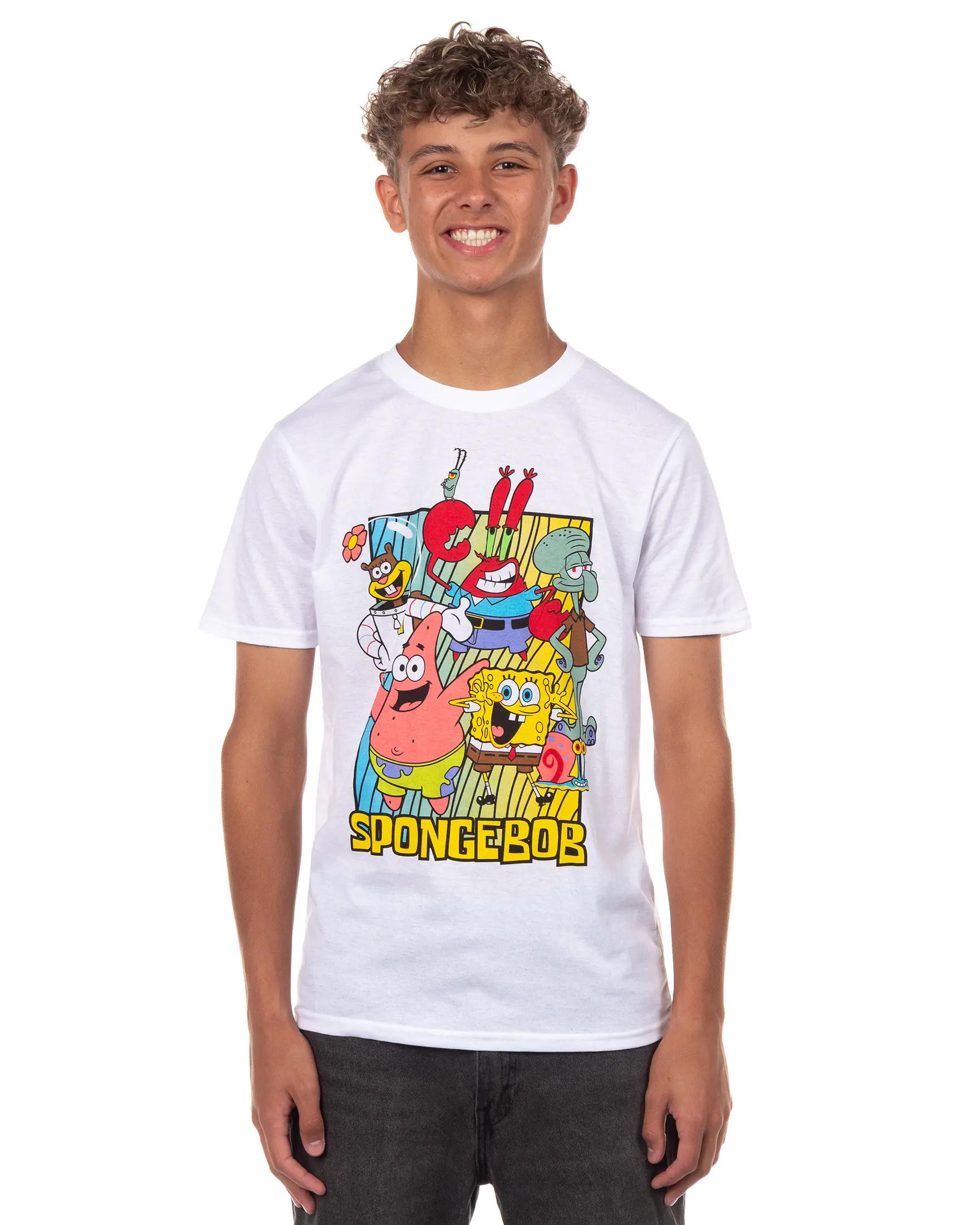 Men's SpongeBob SquarePants Relaxed Fit Round Neck Short-Sleeve Graphic Top, Featuring Squidward, Patrick & Sandy Characters