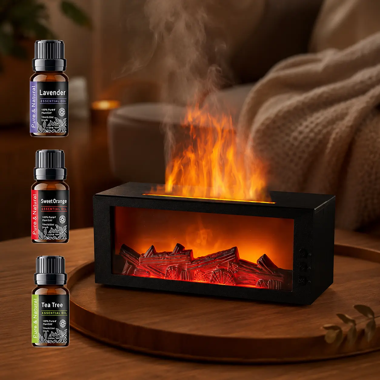 7-Color LED Fireplace-Shape Flame Aroma Diffuser Humidifier, 300ml Quiet USB-Powered Essential Oil Humidifier Room Appliance with Auto Shut-Off for Home Use, Aroma Diffuser Humidifiers, Humidifier Room Appliances