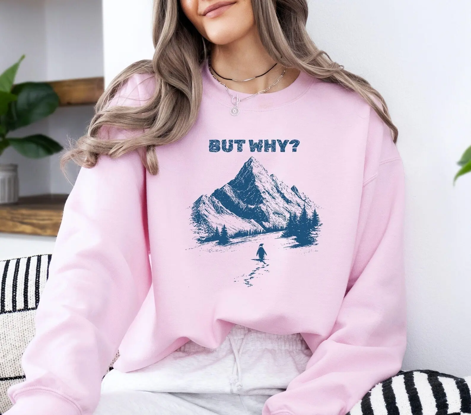 But Why Penguin Sweatshirt, WHY Penguin Meme Crewneck, Sad Penguin Mountain Graphic Sweatshirt