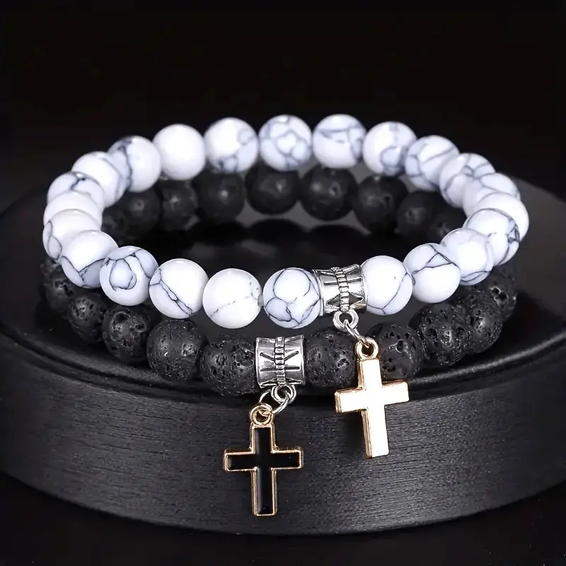 Agate Volcanic Stone Cross Pendant Bracelet, High-End Couple Bracelet, Perfect Gift for Christmas & Thanksgiving, Religious Jewelry Gift, Cross Bracelets, Faith Jewelry