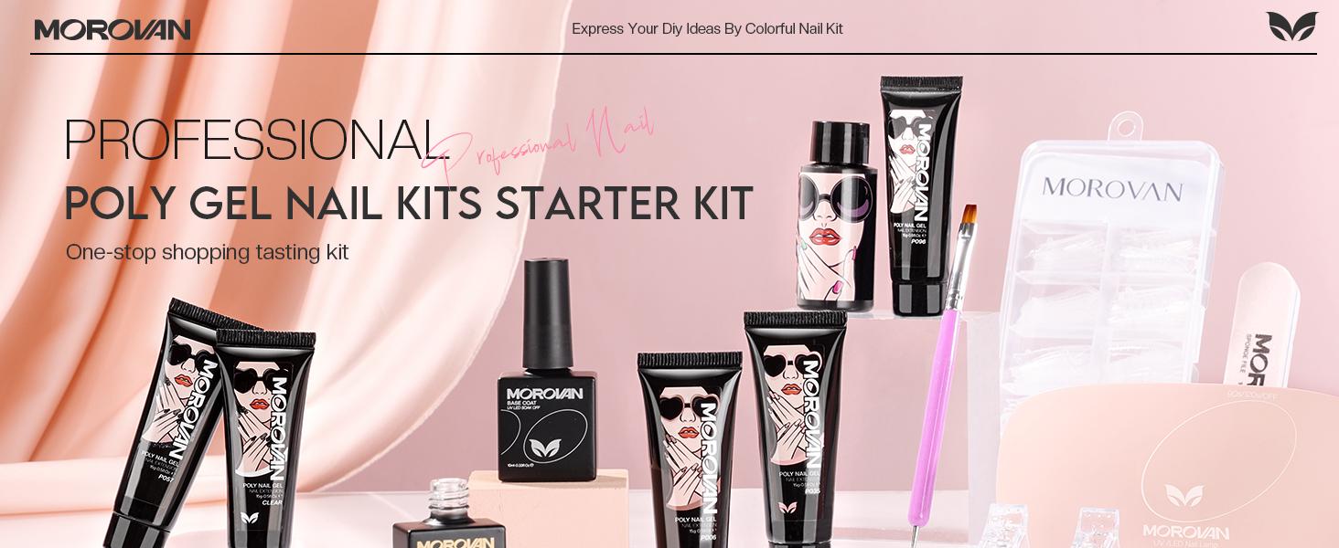 MOROVAN 6 Colors Poly Gel Nail Starter Kit - Poly Nail Gel Kit with U V Lamp Complete Nail Extension Poly Gel Kit for Beginners