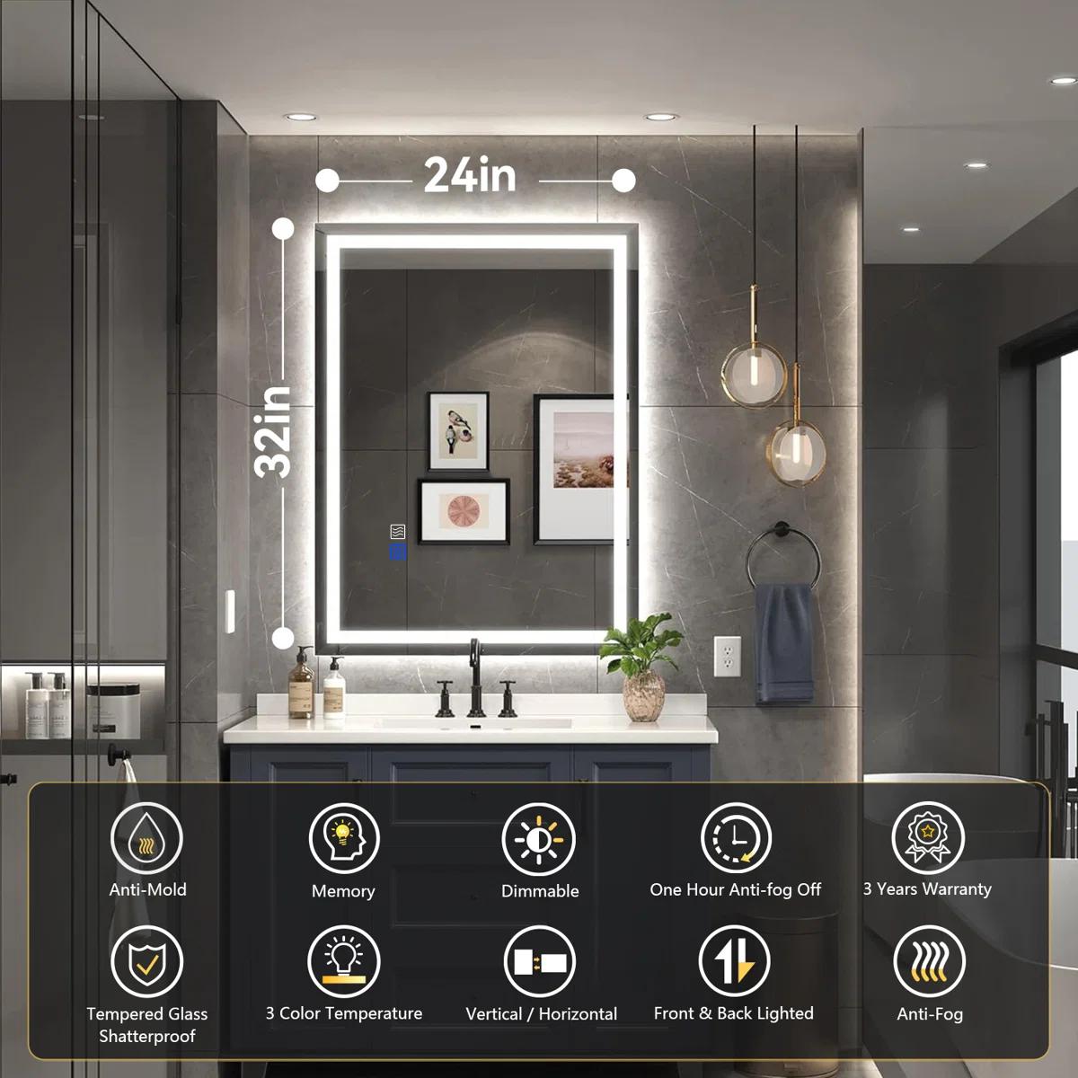 GLITGATE Bathroom Mirrors For Over Sink, Bathroom Vanity Mirror with LED Lights, Dimmable LED Bathroom Mirror with Edge Grinding, Double Touch Control, 3-Color Options, Anti-Fog, Memory, Wall Mounted (Horizontal/Vertical)