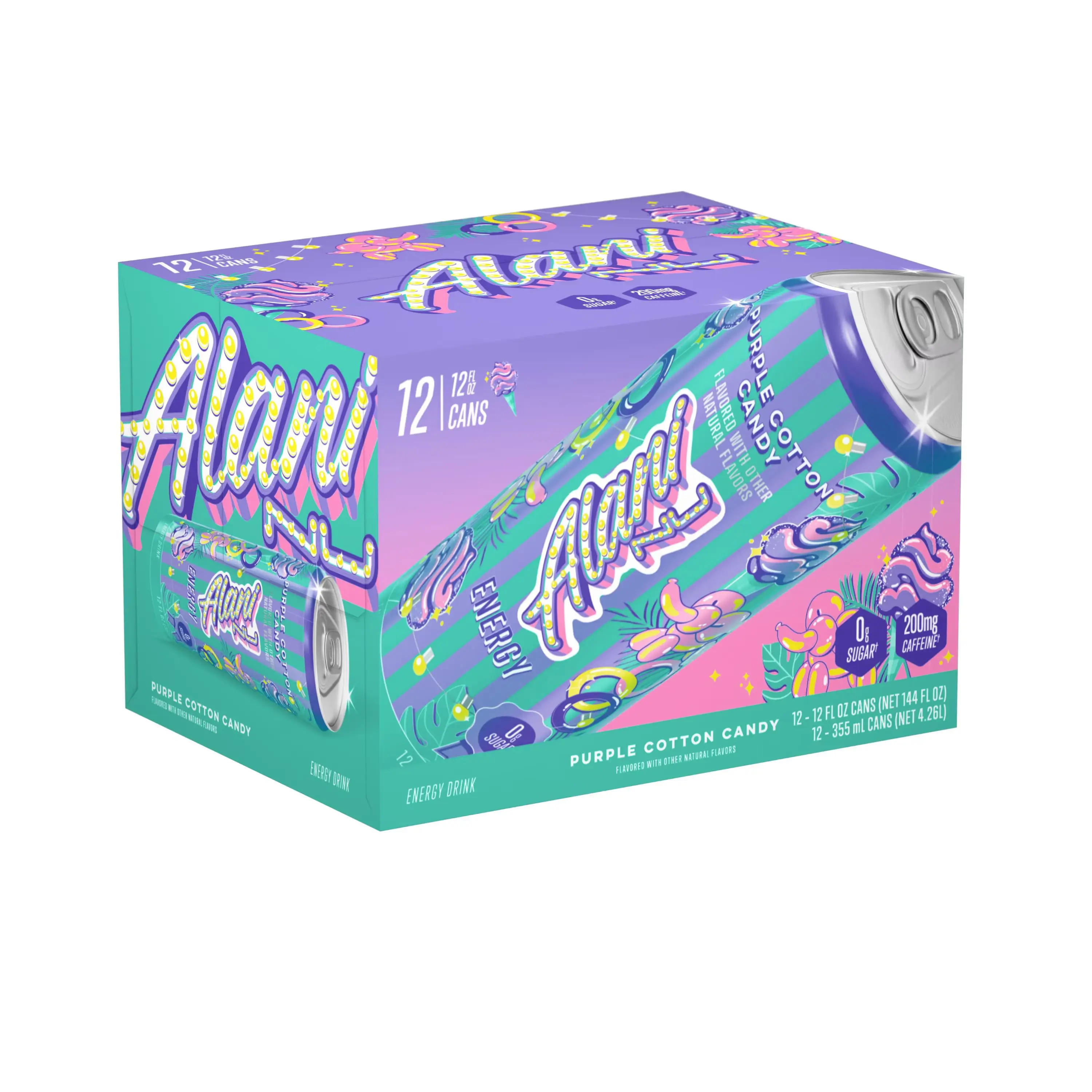 12 Pack- Alani Nu Carbonated Energy Drink - Purple Cotton Candy Flavor, Natural Vitamin Beverage with Taurine Acid, 12 x 12 Fl Oz Caffeinated Energy Beverages