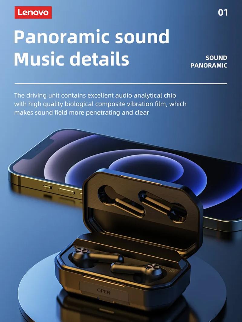 Lenovo LP3 Pro In-Ear Wireless Headphones with Bluetooth 5.0, Hi-Fi Sound Quality, LED Power Display, IPX5 Waterproof, 1200mAh Charging Case Doubles as Emergency Power Bank for Phones