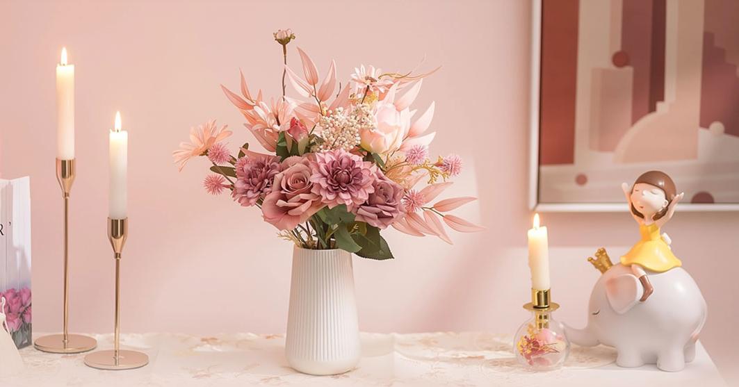 Dusty Pink Artificial Flowers in Ceramic Vase Home Decor - Fake Roses Faux Dahlias Bouquet Kitchen Dining Room Wedding Decoration arrangement