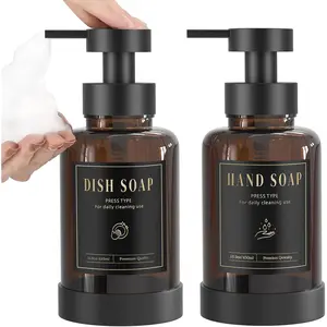 Foaming Soap Dispenser, Glass Foam Pump Soap Dispenser, Non-Slip Hand Soap Bottle with 5 Waterproof Labels, 15 Oz Refillable Liquid Soap Bottle for Bathroom & Kitchen, Amber, 2 Pack