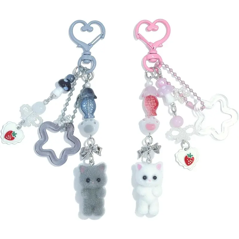 Fuzzy Pink Cat Keychain - Y2K Aesthetic Soft Trendy Accessory for Women, Cute Gift for Girlfriend, Cute Soft Keychains
