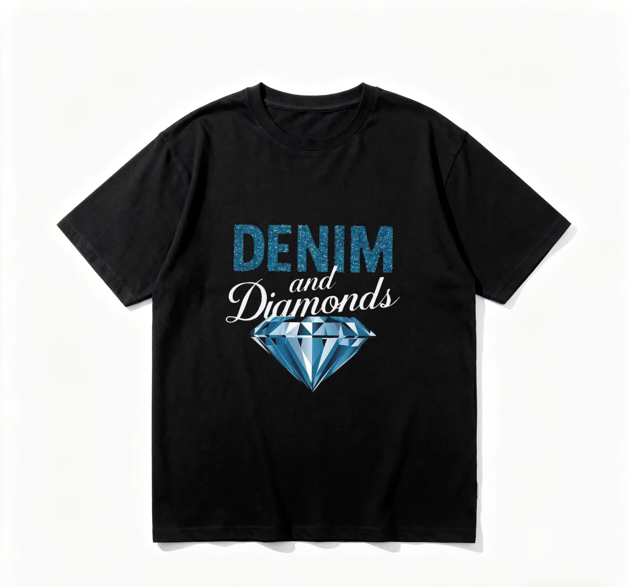[Diamond Queen]Women's Diamond Print T-shirt, "Denim & Diamonds" text, crew-neck short-sleeve Casual Fabric Top Womenswear Black Elegant Fit Suits Tshirt Cotton