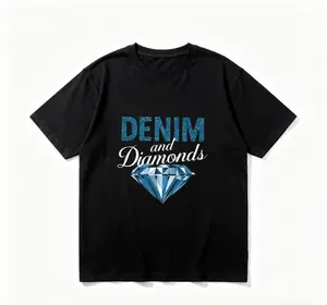 [Diamond Queen]Women's Diamond Print T-shirt, "Denim & Diamonds" text, crew-neck short-sleeve Casual Fabric Top Womenswear Black Elegant Fit Suits Tshirt Cotton