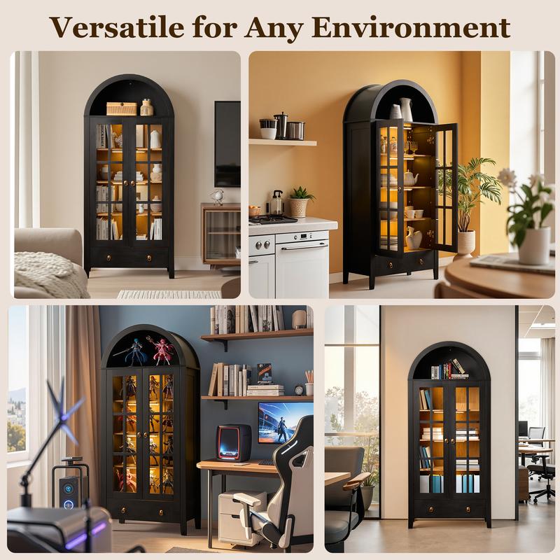 【Jumpstart Sale】71" Tall Arched Kitchen Pantry with Magnetic LED Lights, Modern Farmhouse Wood Kitchens Storage Cabinets with Large Drawers and Glass Door, Versatile Cupboard for Kitchen, Dining Room, Bathroom, Livingroom