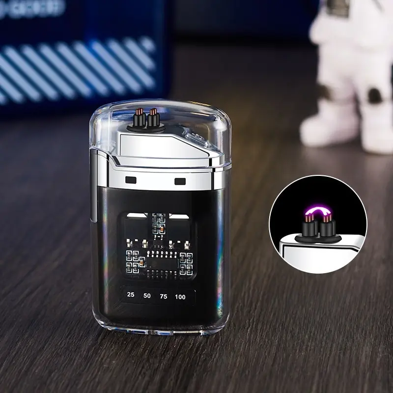 Metal Windproof Electric Pulse Lighter with Transparent Arc - USB-C Fast Charging, LED Power Display, Dustproof - Camping, Hiking Emergency Survival Tool, Ideal Gift for Outdoor Enthusiasts