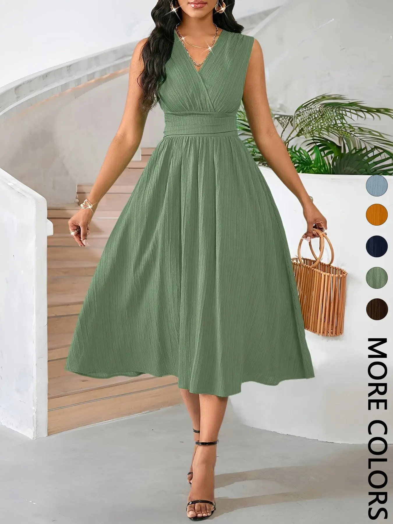 Women's Comfortable Minimalist Sleeveless Textured Ruched Dress Business Casual Dresses for Office Wear, Casual Wear & Summer Events