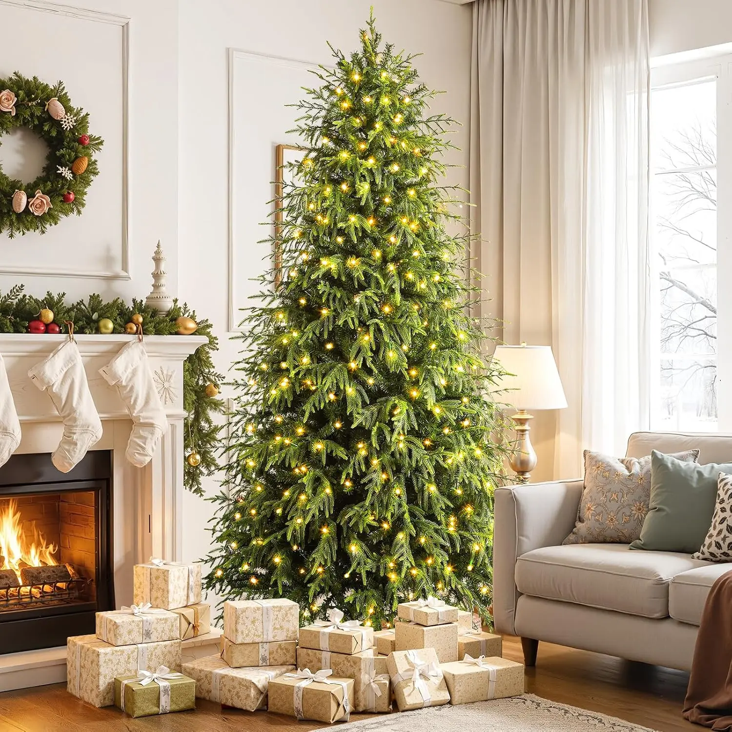 5/6/7.5/8/9FT Pre-Lit Norfolk Pine Christmas Tree, Warm White & Dual-Color Lights, Remote Control, Hinged PE & PVC Branches, Xmas Holiday Home Decor