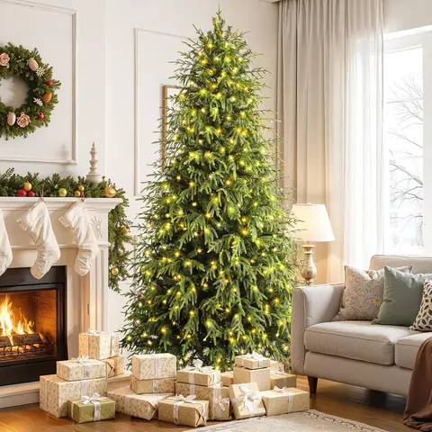 5/6/7.5/8/9FT Pre-Lit Norfolk Pine Christmas Tree, Warm White & Dual-Color Lights, Remote Control, Hinged PE & PVC Branches, Xmas Holiday Home Decor, Colorful, Decorative Led Tree, Multicolor