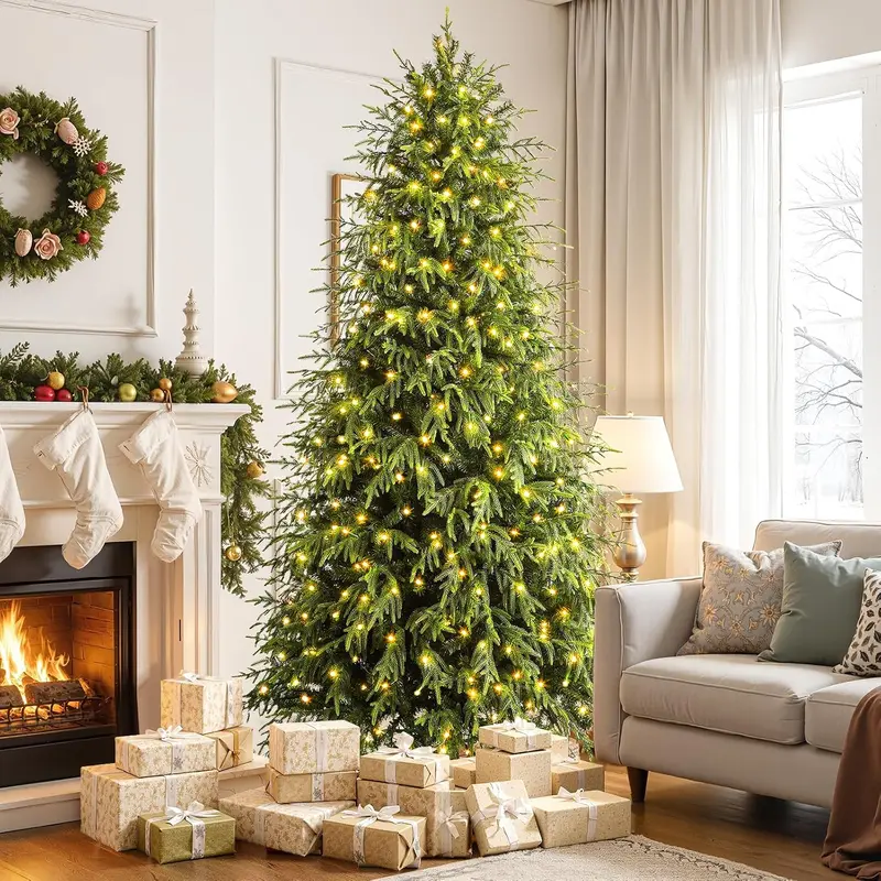 5/6/7.5/8/9FT Pre-Lit Norfolk Pine Christmas Tree, Warm White & Dual-Color Lights, Remote Control, Hinged PE & PVC Branches, Xmas Holiday Home Decor, Colorful, Decorative Led Tree, Multicolor