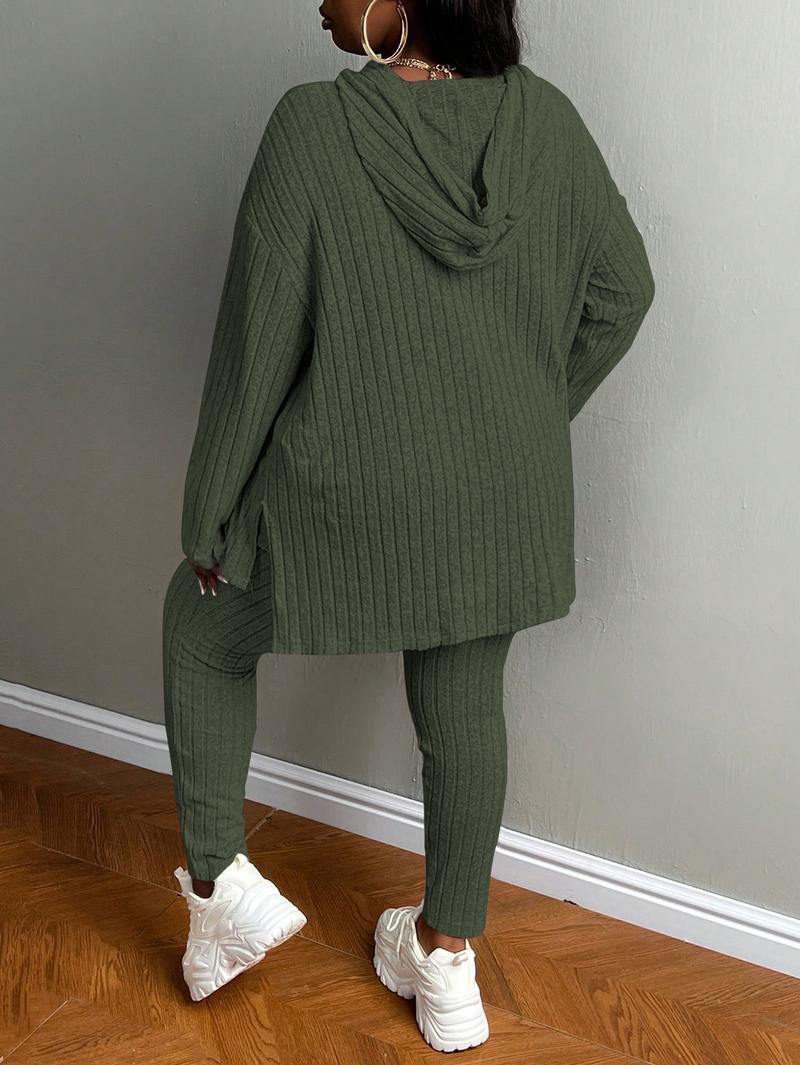 USBOUTIQUECHIC Plus Size Women's Solid Textured Ribbed Hoodie & Elastic Waist Pants Set, Casual Cozy Ribbed Knit Outfits for Fall & Winter, Baggy Matching Suits for Daily Wear