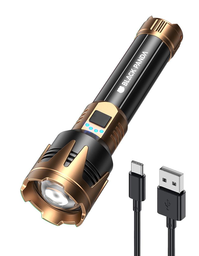 Black Panda Pro High-Brightness Rechargeable Camping Flashlight, Outdoor Searchlight, 5500mAh Battery Capacity, Water resistant , USB Charging, Zoomable Focus