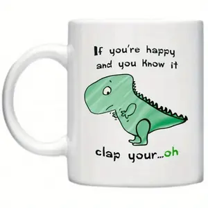 11oz Ceramic Coffee Mug Featuring Humorous Clap Your Hands T Rex Dinosaur Design Reusable White Cup with Green Illustration Ideal Gift for Easter Thanksgiving and Christmas Hand Wash Only Festive Drinkware