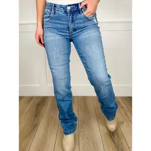 Risen Lennon Tummy Control Mid-Rise Straight Leg Jeans - Medium Wash (Non-Distressed)