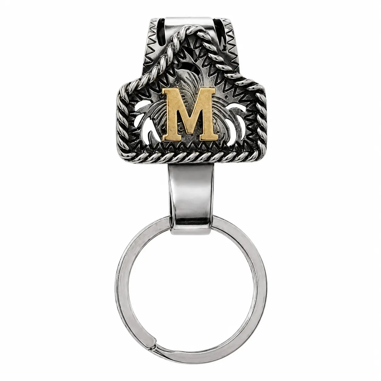 Unisex Cow Tag Belt Keychain - Zinc Alloy Twisted Rope Key Holder with 3D Hollow-Carved Antique Silver Finish, A-Z Personalized Initial Clip, Keychains for Backpacks, Pocket Charm, Cowgirl Gift