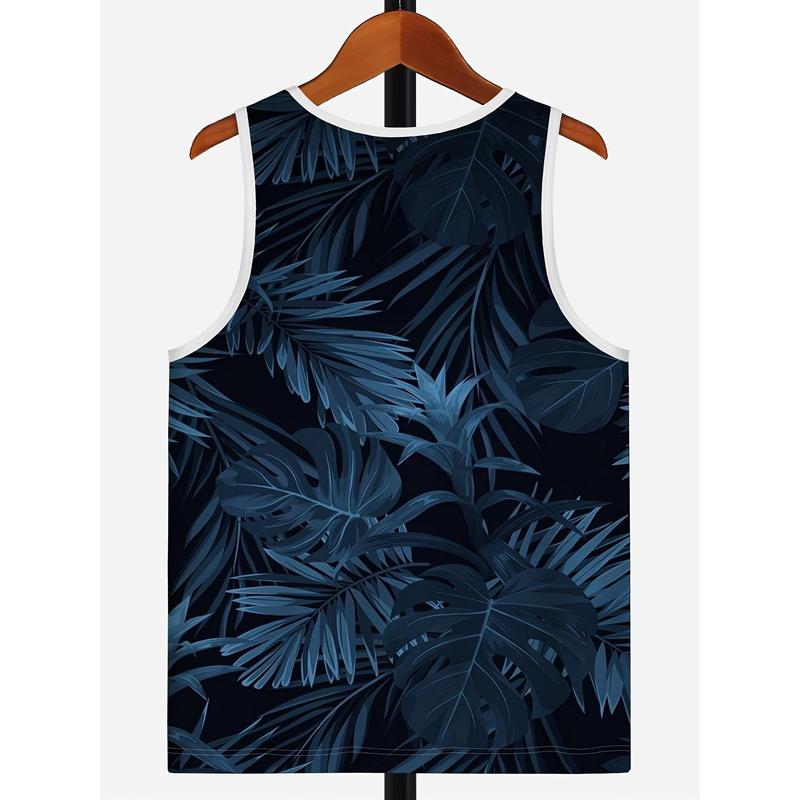 Men's Hawaiian Style Tropical Beach Plant 3D Digital Print Sleeveless Tank Top - Quick-Dry, Stretch Fabric, Perfect for Summer Vacations & Fitness, Machine Washable