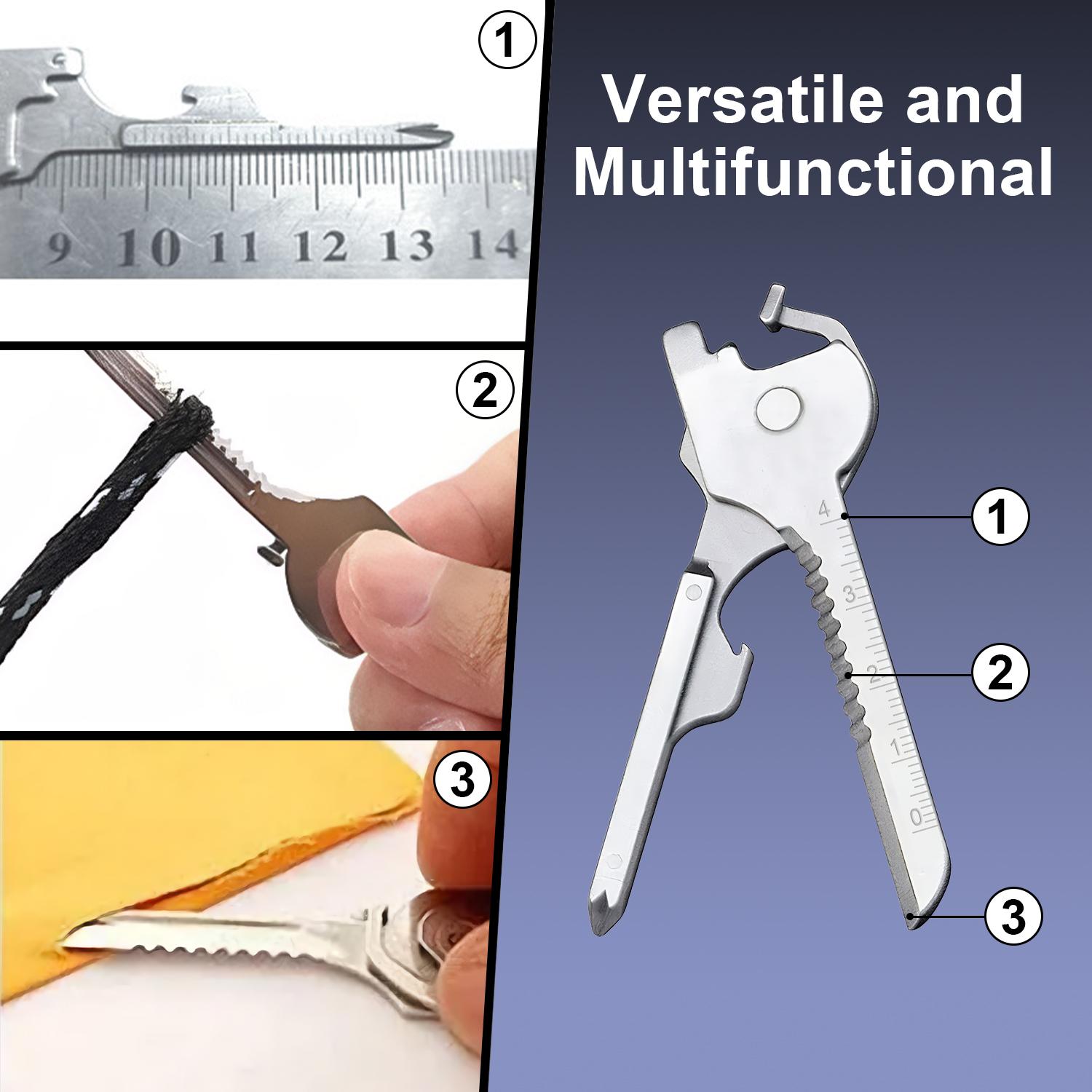 6-in-1 Multi Tool Keychain, Stainless Steel Pocket Key Tool with Flathead/Phillips Screwdriver, Bottle Opener, Mini Ruler, Rope Cutter & Metal Knife, Compact EDC Gear for Camping, Survival, DIY, Daily Use - Cool Gift for Men Dad Husband