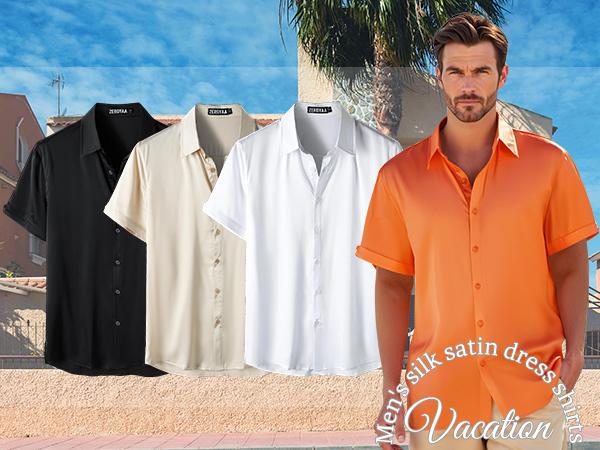ZEROYAA Men's Hipster Shiny Silk Satin Shirt Regular Fit Short Sleeve Casual Button Down Dress Shirts for Summer Party ZEROYAA Men's Hipster Shiny Silk Satin Shirt Regular Fit Short Sleeve Casual Button Down Dress Shirts for Summer Party
