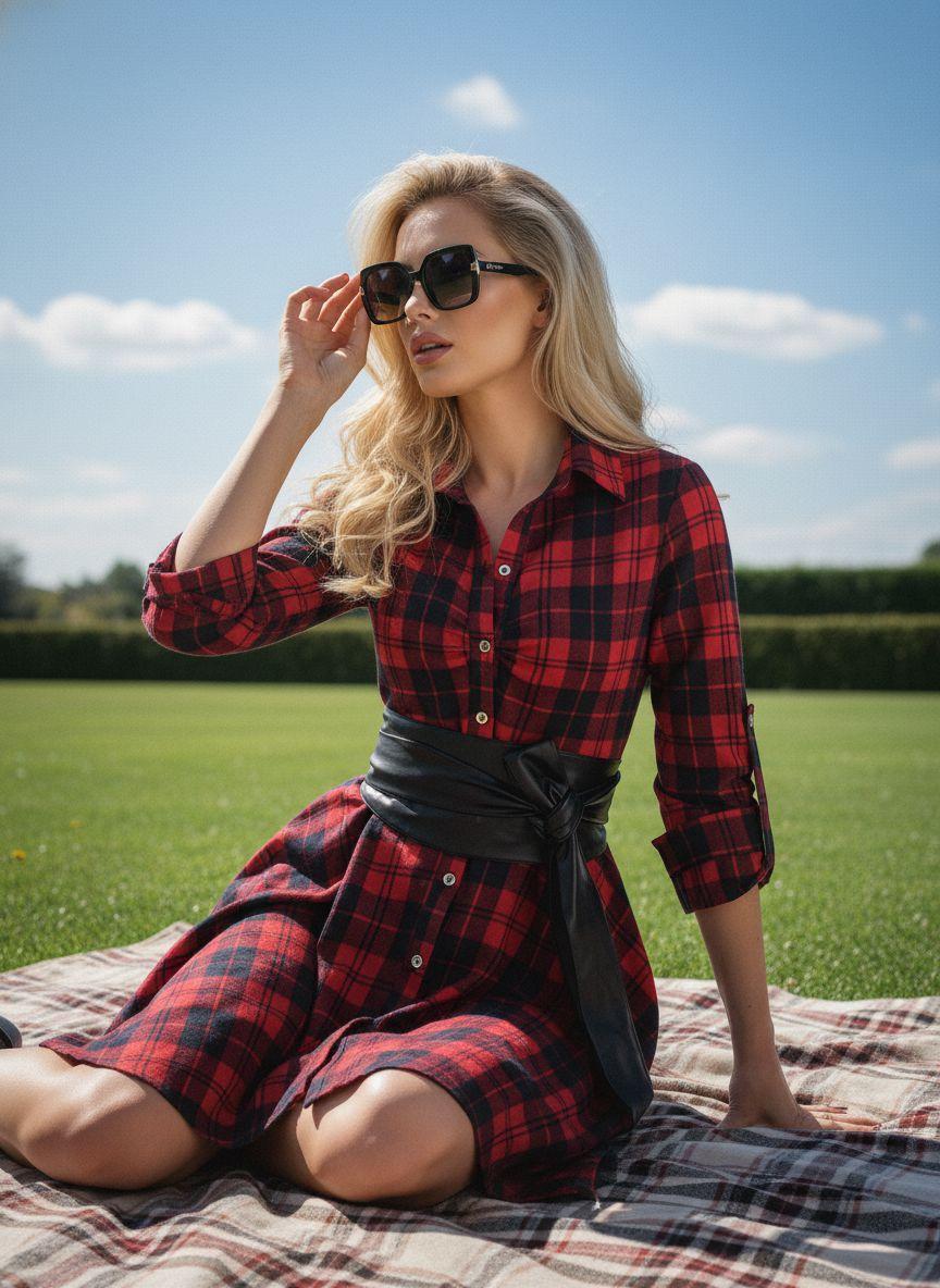 1950S 3/4 Sleeve Plaid Belt Dress Casual Outfits Women Collared Black Vintage Check Leather Womenswear