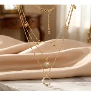 Layered  &   Multi-layer Clavicle Chain High-end Triple Layered  Sparkling Zircon  &  Pendant Gold Bead Accents 3-Tier Design Versatile  Daily Wear Dates & Work Perfect Gift  Valentine's Day elegant wheat ear copper moon necklace for Star