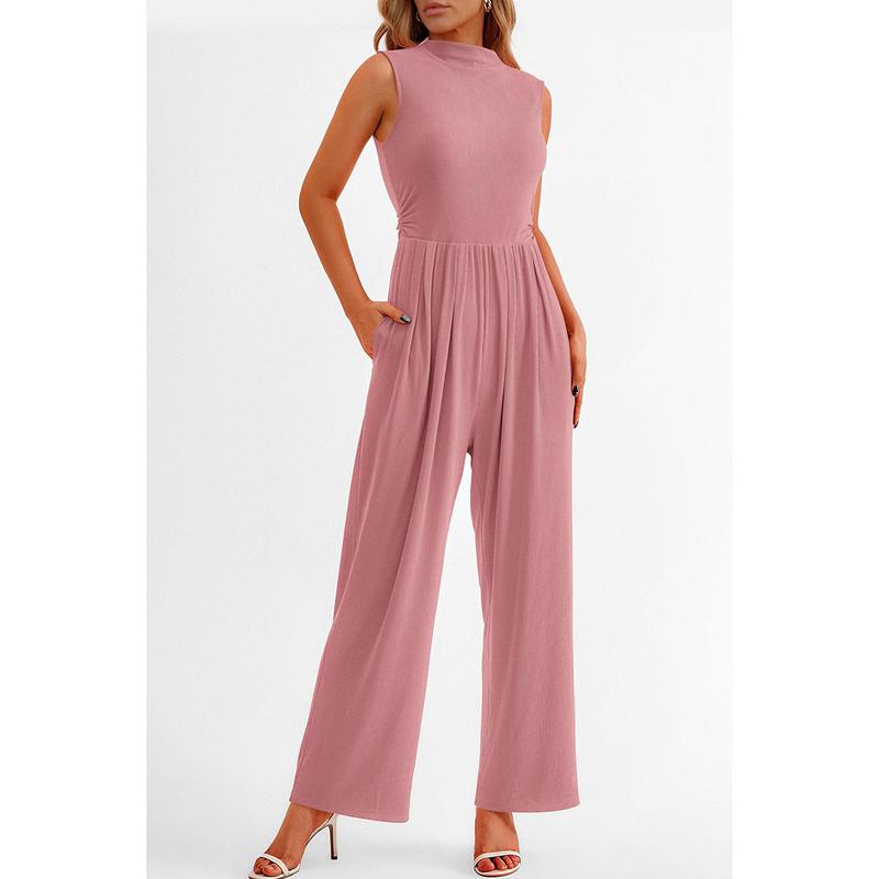 PrettyGarden Women's Summer Jumpsuits Dressy Casual Outfits Sleeveless Mock Neck Wide Leg Pants Rompers with Pockets