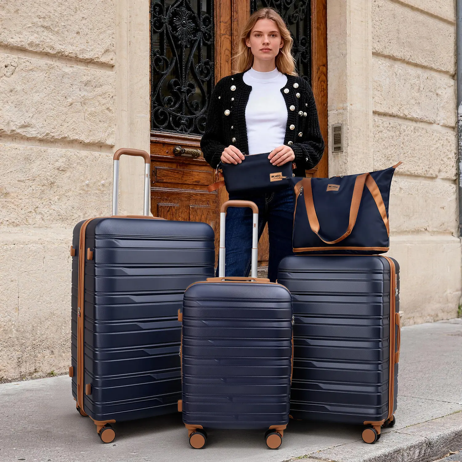 New York XPress 5 Piece Luggage Set Hardshell Suitcases with 4 Spinner Wheels Expandable 20% Combination Lock Travel Luggage for Men Women Black