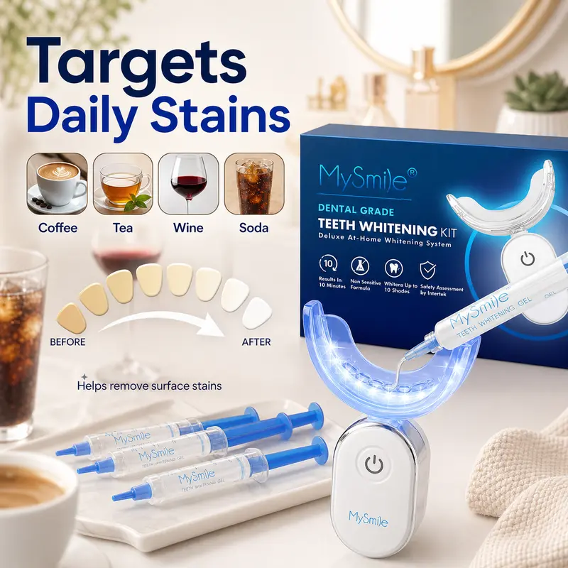 MySmile 10-Min Boost Oral Selfcare Teeth Whitening Kit - Pro LED (28 Bulbs), 3 Gel Syringes, Sensitive Teeth Safe, Brightening Solution