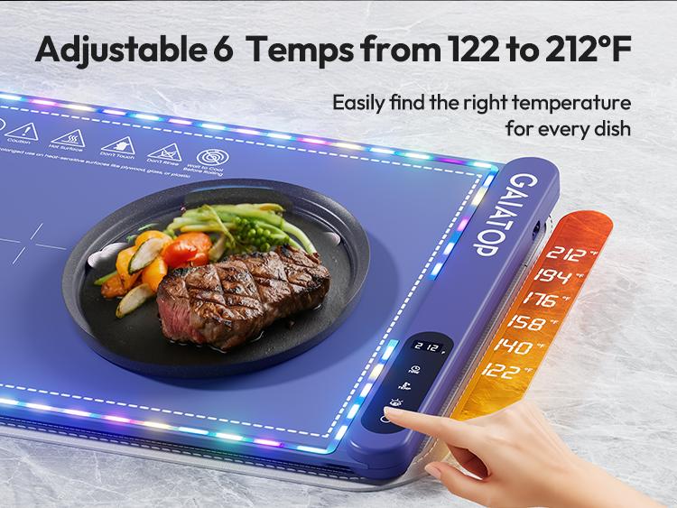 Gaiatop Party Buffet Food Warmer with Trivet - RGB Edge, Electric Warming Mat, 6 Temp Levels (122℉-212℉), 6 Timer Settings, Full-Surface Fast Heating, Portable Silicone Design Dishware Lighting Modes Dishware Lighting Modes Easy Storage