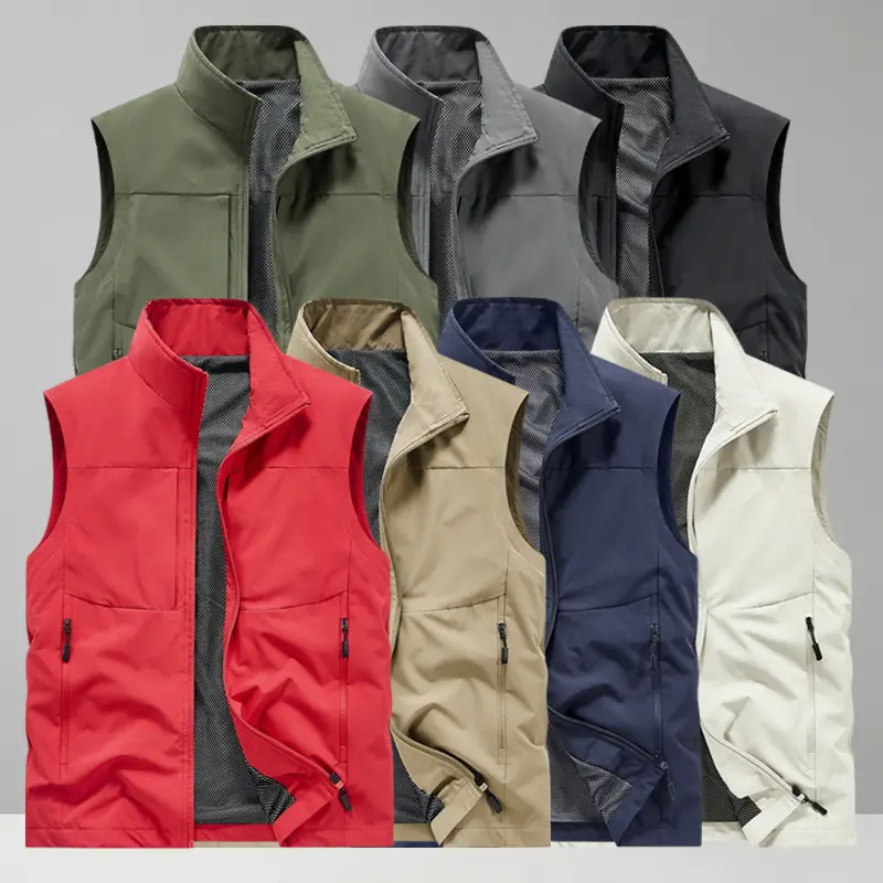 Men's thin quick-dry vest jacket, outdoor fishing and photography sleeveless top for spring and autumn, windproof and breathable workwear stand collar vest