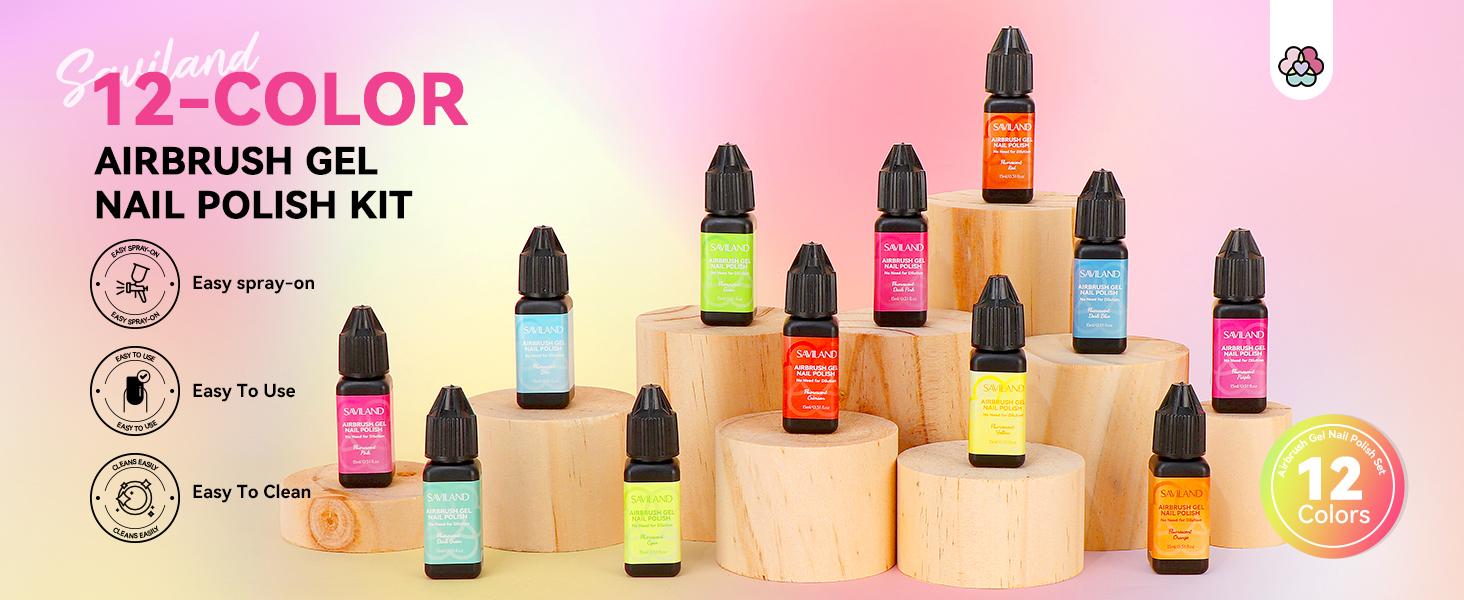 SAVILAND Airbrush Gel Nail Polish Set: 12 Vibrant Neon Colors No Dilution Needed Perfect for French Manicures DIY Nail Art Parties Gifting