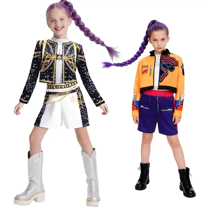 Girls K-POP Demon Huntre Huntrix Rumi Mira Role Play Costume Set Girls 3pcs Short Sleeve Crop Top Skirt Halloween Party Dress Up Clothes Birthday gift for Kids Comfortable Polyester Fabric Superstar Outfit