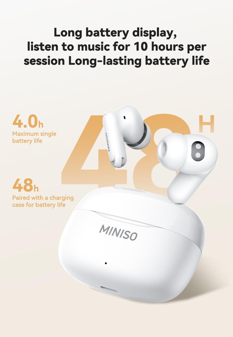MINISO MS112 Wireless Earphones: Active noise cancellation, real-time translation, heart rate sensing, hearing aid function, Bluetooth connectivity, spatial audio, high-fidelity sound quality, USB-C charging.