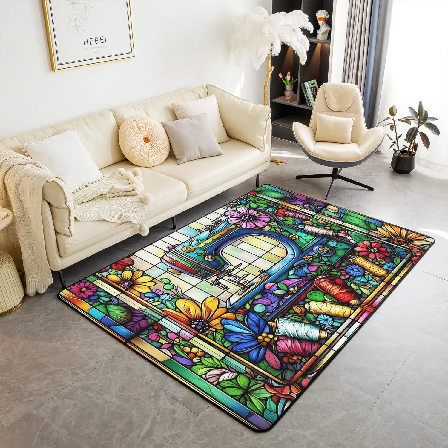 Sewing Machine Area Rug,Craft Handmade Vintage Indoor Floor Mat Entrance Rug,Daisy Flowers Geometric Patchwork Non Slip Rug,Colorful Bright Couch Living Room Decor